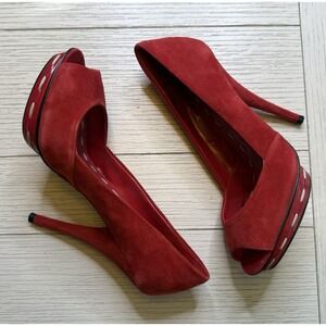 Blake Scott New Suede Red Peep Toe 5" Stiletto Heel Shoes Contrast Stitch Glam 7